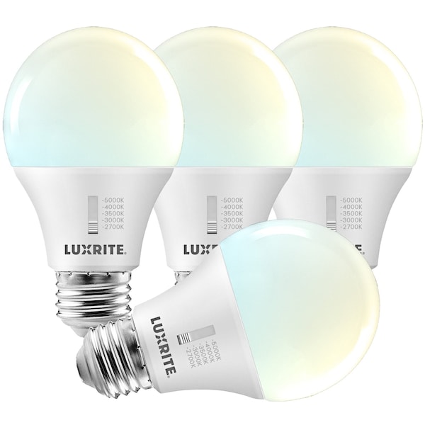 Luxrite A19 LED Light Bulbs 9W 60W Equivalent 800LM 5CCT 2700K-5000K Dimmable E26 Base, 4PK LR21475-4PK - main